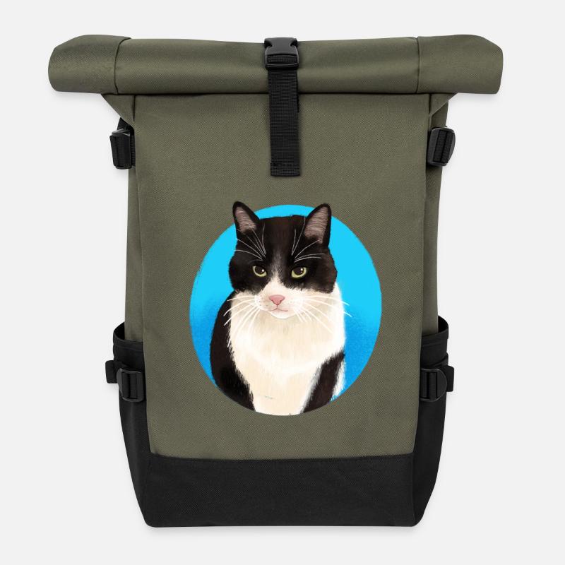 Schwarz-Weiß-Katze - Rolltop Rucksack - Olive/Schwarz