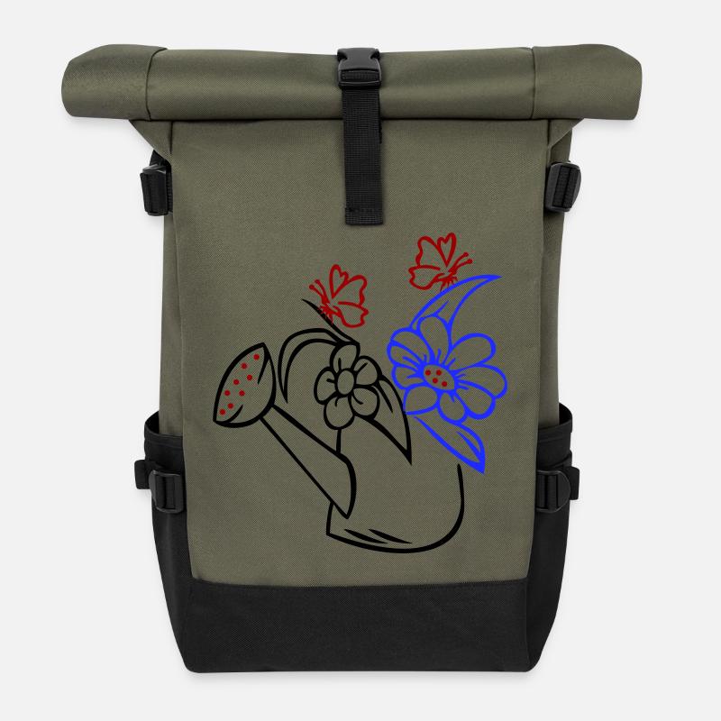 Gießkanne mit Blumen und Schmetterlingen - Rolltop Rucksack - Olive/Schwarz