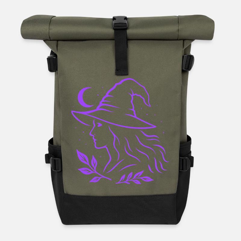 Hexe Silhouette Mond Witchcore Motiv - Rolltop Rucksack - Olive/Schwarz