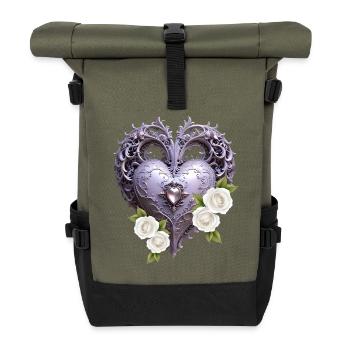 Coeur décoratif avec des roses blanches - Sac à dos roll top - olive/noir - Devant