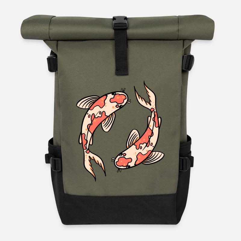  Koi Fish Circle - Zen Japanese Design - Rolltop Rucksack - Olive/Schwarz