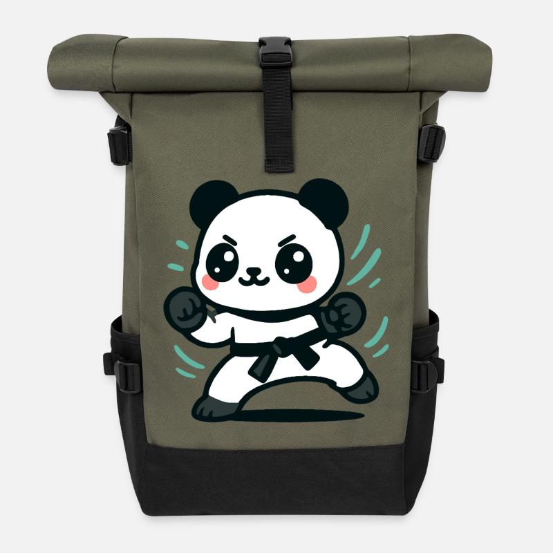 Cute Panda Martial Arts Design - Roll Top Backpack - olive/black
