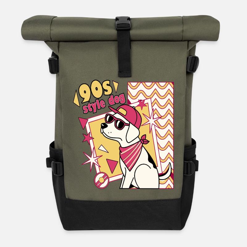 Retro 90s Dog in Sunglasses - Roll Top Backpack - olive/black