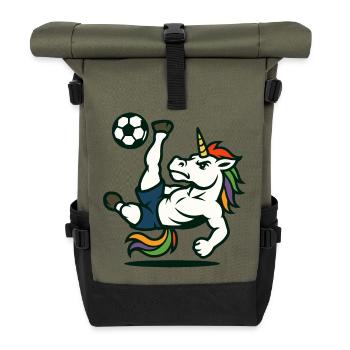 Einhorn-Fußballmaskottchen beim Fahrradtritt - Rolltop Rucksack - Olive/Schwarz - Vorne