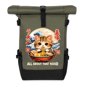 Kawaii Kitten Ramen Anime - Roll Top Backpack - olive/black - Front