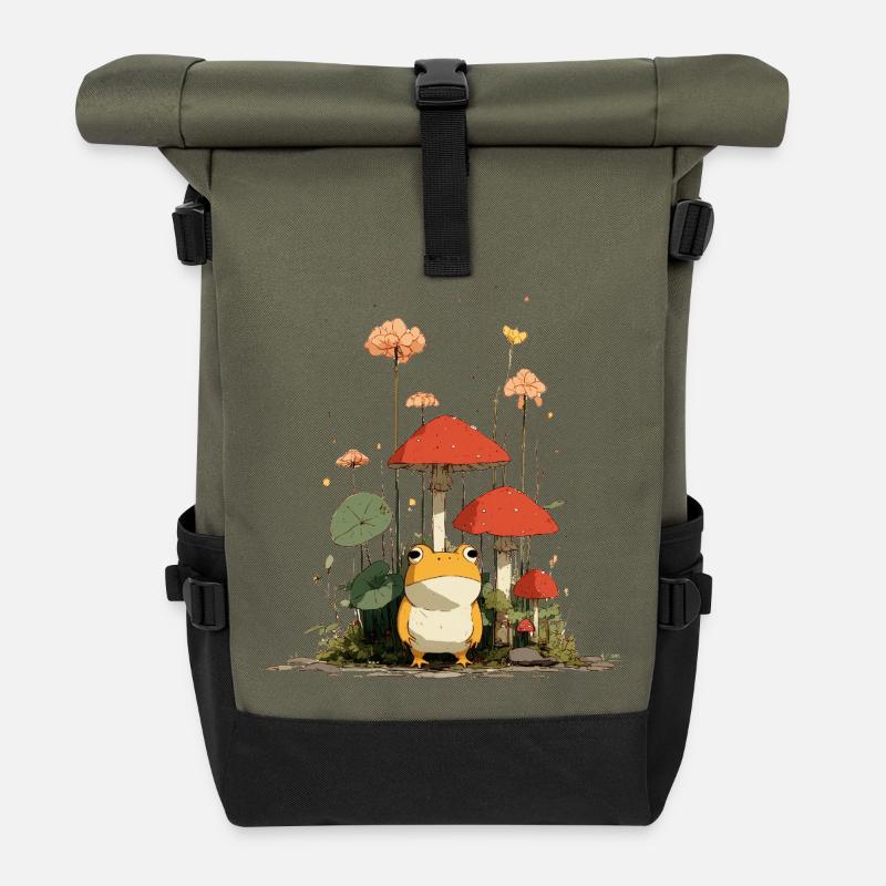Frog in front of red mushrooms in the forest - Roll Top Backpack - olive/black