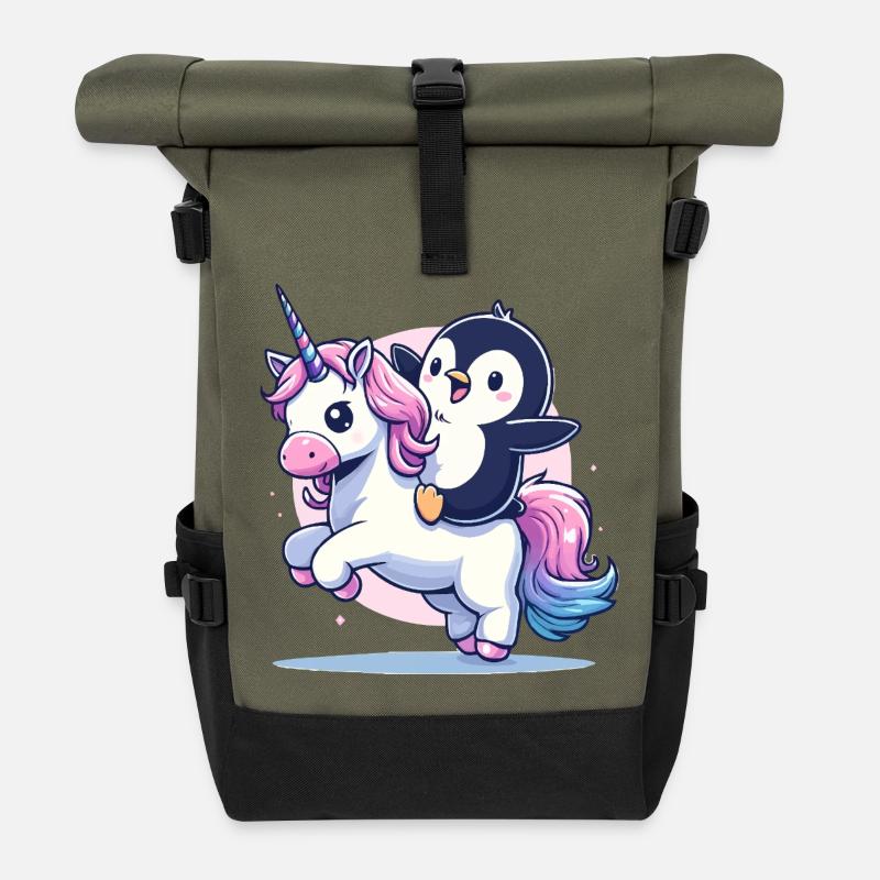 Pinguin reitet Einhorn - Rolltop Rucksack - Olive/Schwarz