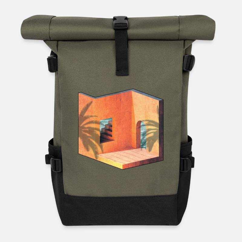 Sun sea architecture summer isometric palm tree - Roll Top Backpack - olive/black