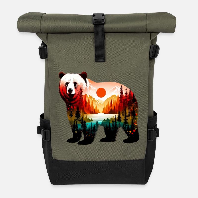 Decorated bear painted with forest landscape - Roll Top Backpack - olive/black