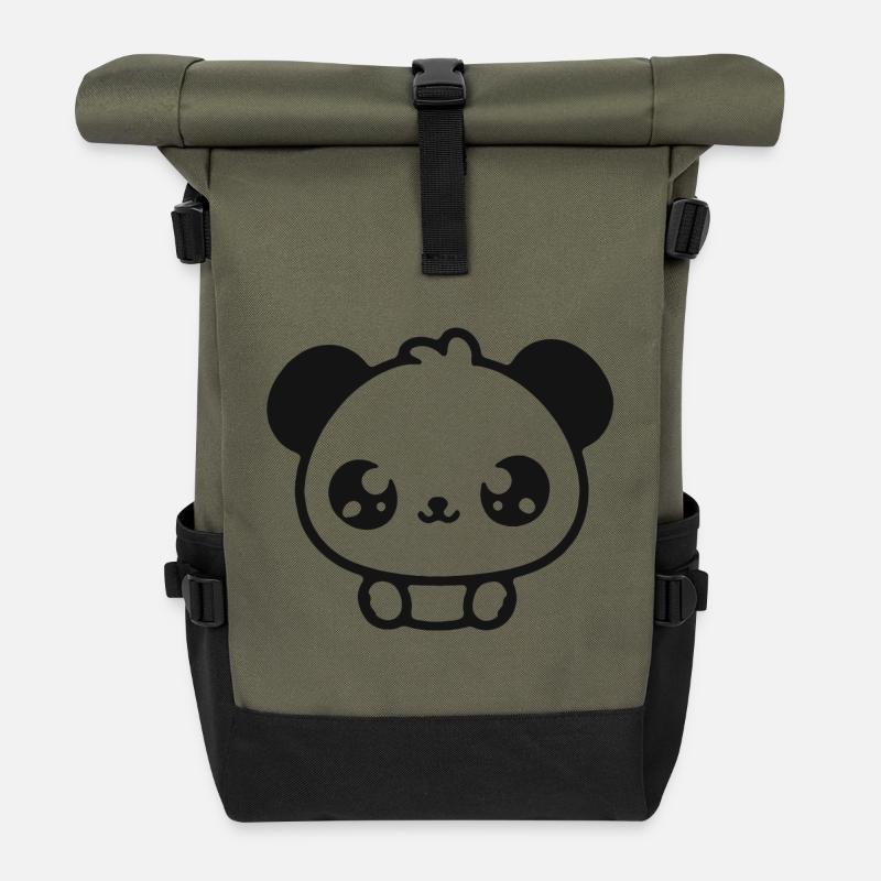 Kuschelpanda Kopf Illustration - Rolltop Rucksack - Olive/Schwarz
