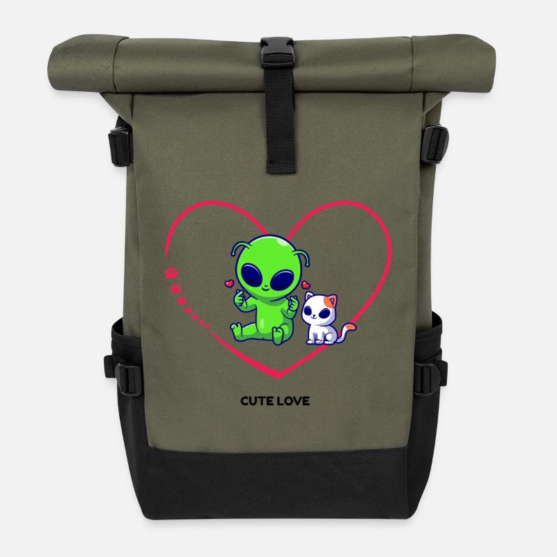 Niedliches Alien mit Katze Herzmotiv - Rolltop Rucksack - Olive/Schwarz