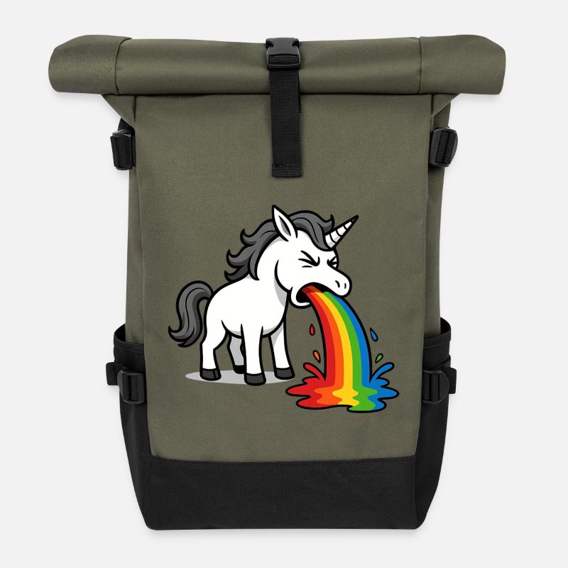Kotzendes Einhorn – Lustiges Regenbogen Design - Rolltop Rucksack - Olive/Schwarz