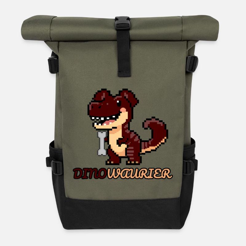 DinoWAUrier - Pixel Art Dinosaurier als Hund! 🐕 - Rolltop Rucksack - Olive/Schwarz