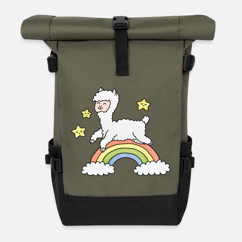 Alpaca Rainbow Dream - Roll Top Backpack - olive/black