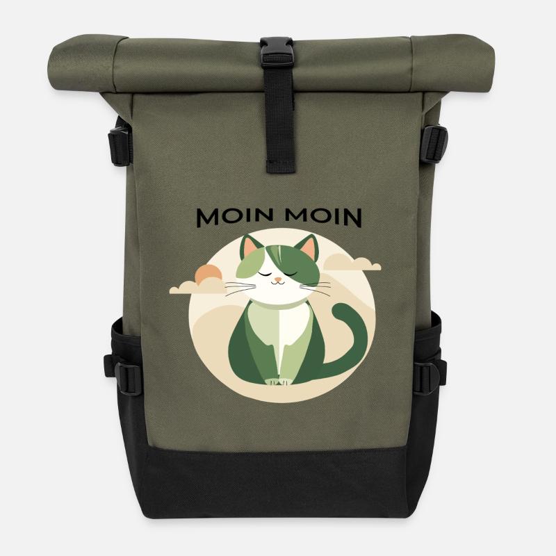 Moin moin - Katze mit Norddeutscher Begrüßung - Rolltop Rucksack - Olive/Schwarz