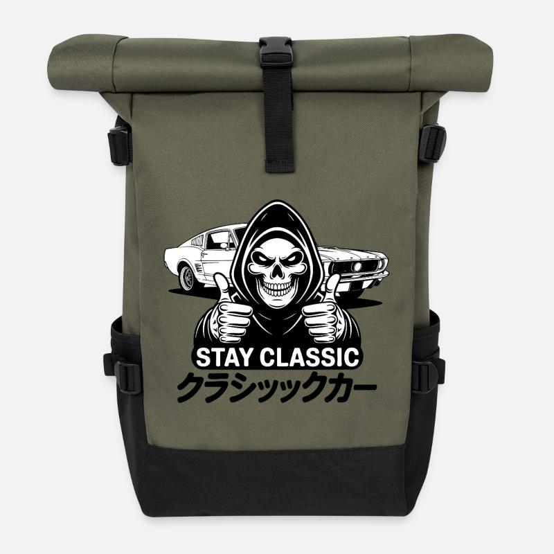 Stay Classic – Skull Art with Japanese Classic Car - Roll Top Backpack - olive/black
