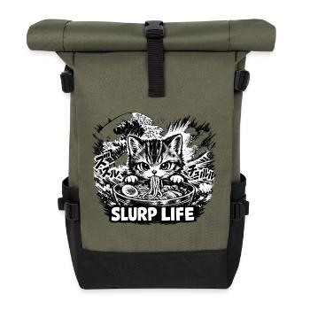 Kawaii Katze Ramen Nudeln Anime Katze - Rolltop Rucksack - Olive/Schwarz - Vorne
