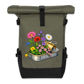 Colorful flowers in opened tin illustration - Roll Top Backpack - olive/black - Front