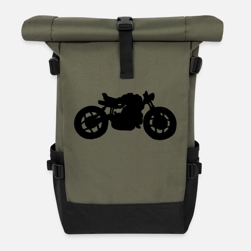 schwarzes Cafe Racer Motorrad - Rolltop Rucksack - Olive/Schwarz