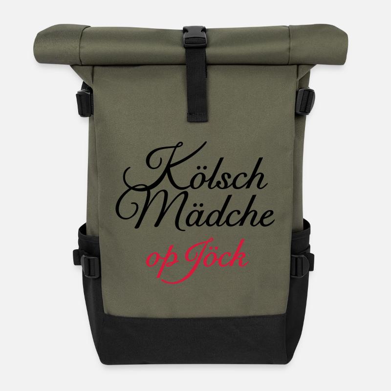 Kölsch Mädche op Jöck - Mädchen aus Köln unterwegs - Rolltop Rucksack - Olive/Schwarz