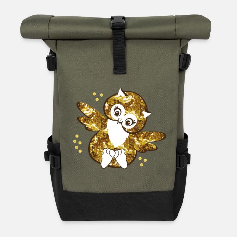 Funkelnde Eulenmädchen Illustration - Rolltop Rucksack - Olive/Schwarz
