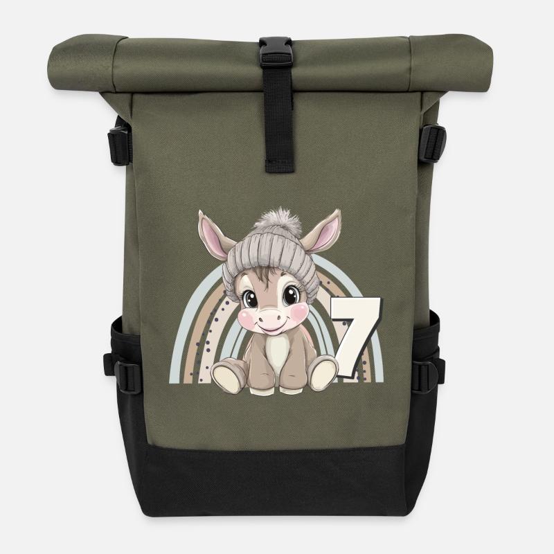 7. Geburtstag Esel Regenbogen Süß Niedlich - Rolltop Rucksack - Olive/Schwarz