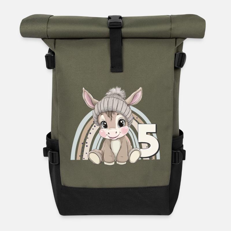 5. Geburtstag Esel Regenbogen Süß Niedlich - Rolltop Rucksack - Olive/Schwarz