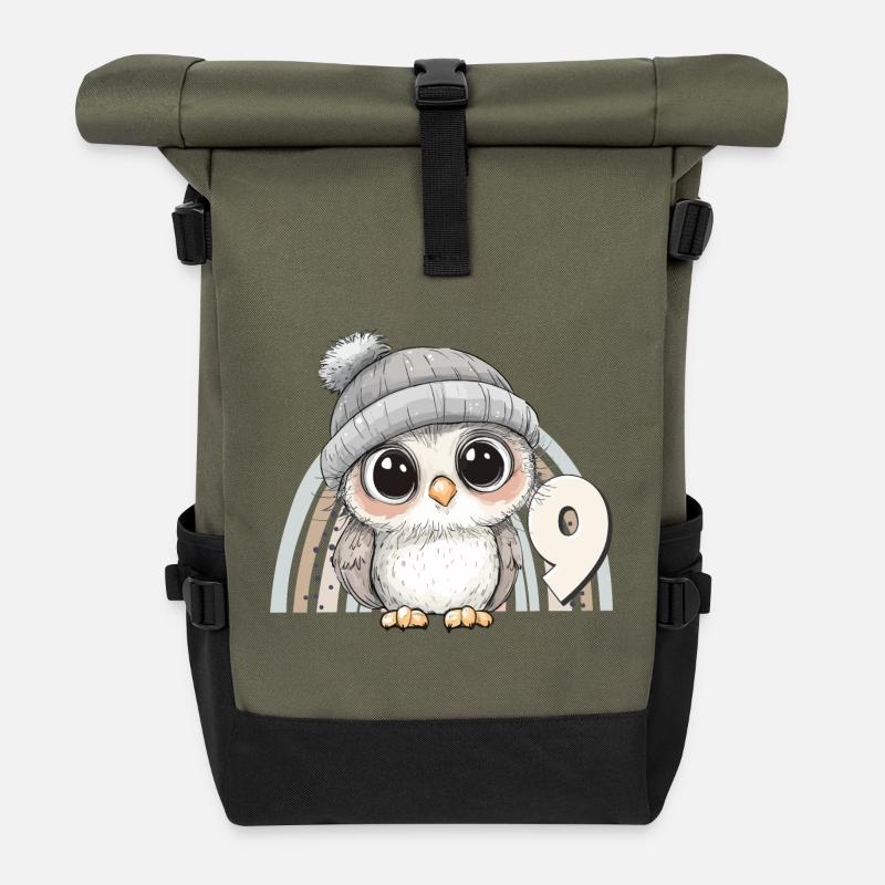 9. Geburtstag Eule Regenbogen Süß Niedlich - Rolltop Rucksack - Olive/Schwarz