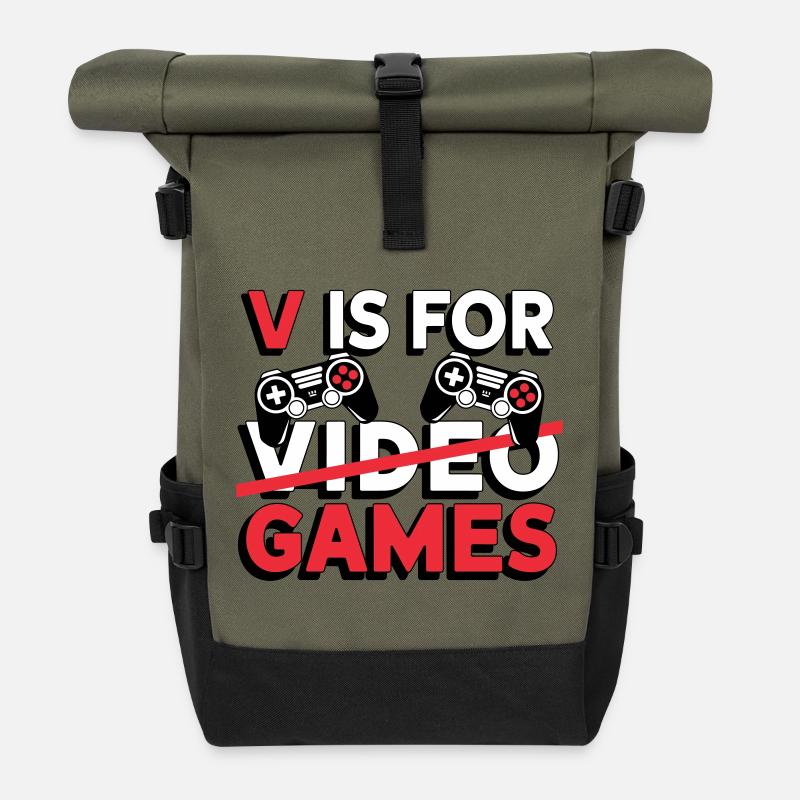 V is for Video Games Graphic - Roll Top Backpack - olive/black