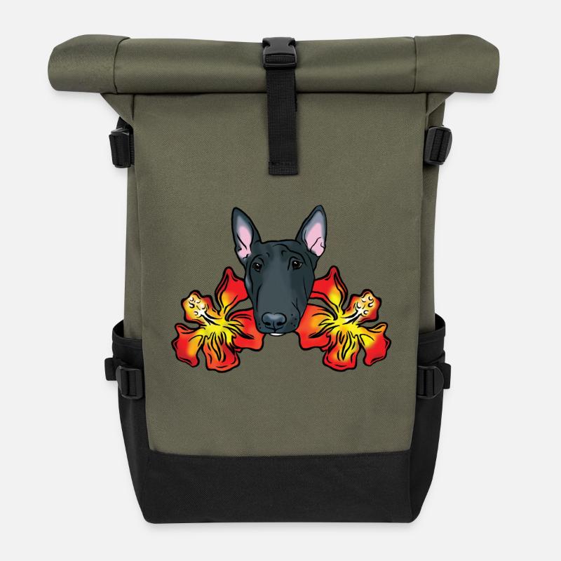 Bullterrier mit Hibiskusblüten - Rolltop Rucksack - Olive/Schwarz