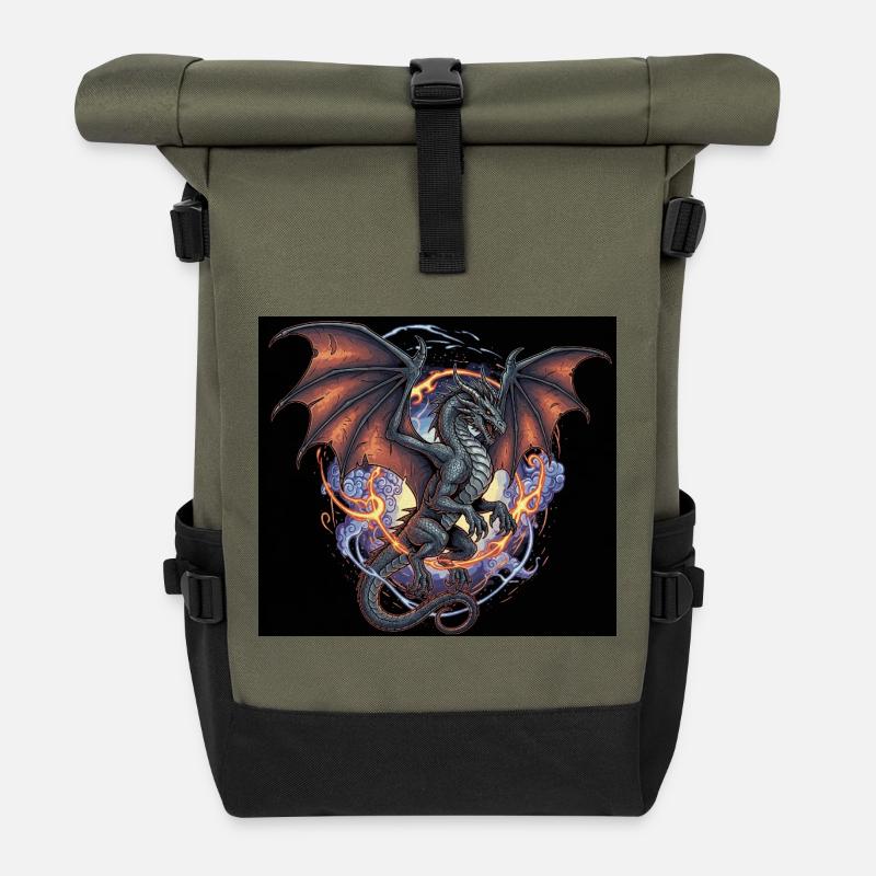 Drachenkampf mit Feuerhimmel - Rolltop Rucksack - Olive/Schwarz