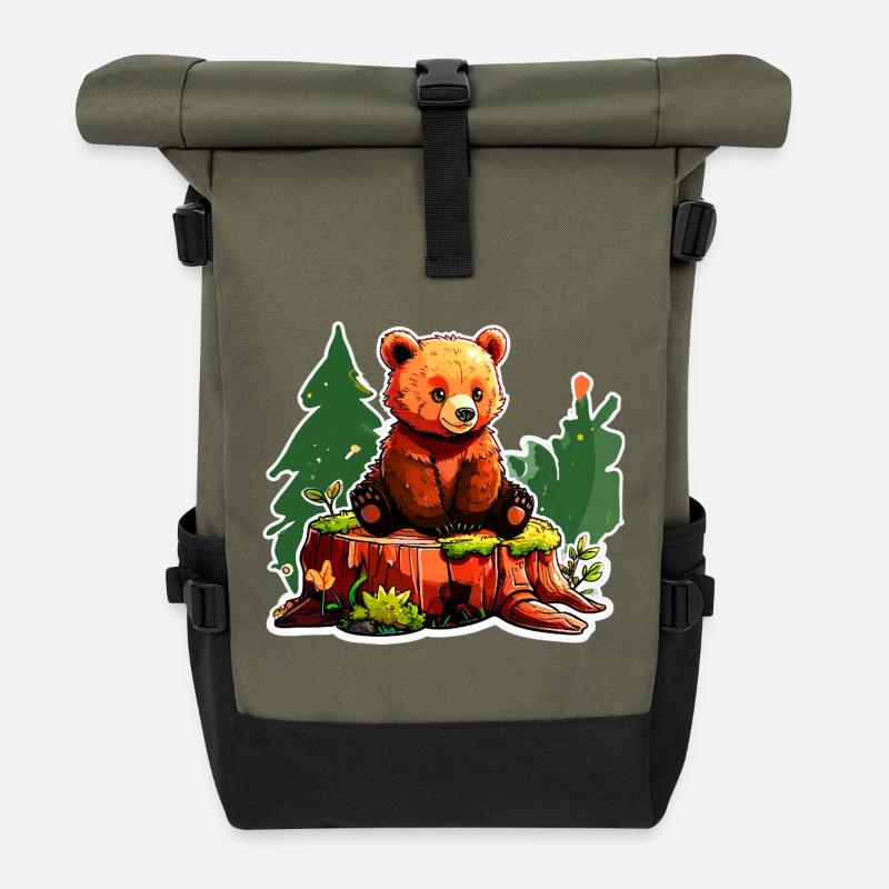 Ein kleiner Bär hockt auf einem Baumstumpf - Rolltop Rucksack - Olive/Schwarz