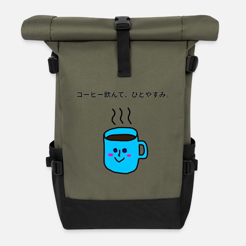 Blaue Kawaii-Kaffeepausentasse - Rolltop Rucksack - Olive/Schwarz