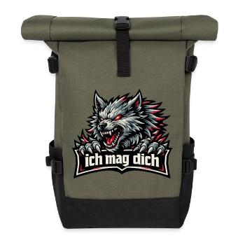 Fenriswolf Spruch – Ich mag dich - Rolltop Rucksack - Olive/Schwarz - Vorne