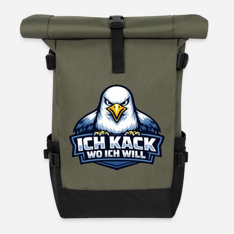 Böse Möwe "Ich kack wo ich will" Spruch - Rolltop Rucksack - Olive/Schwarz