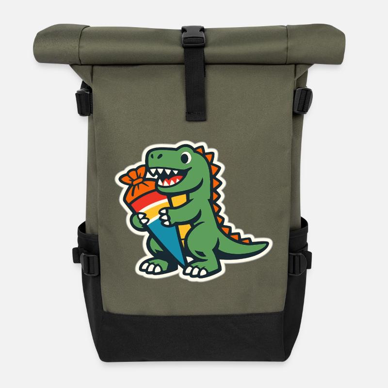 Schulkind Dino Einschulung Geschenk - Rolltop Rucksack - Olive/Schwarz