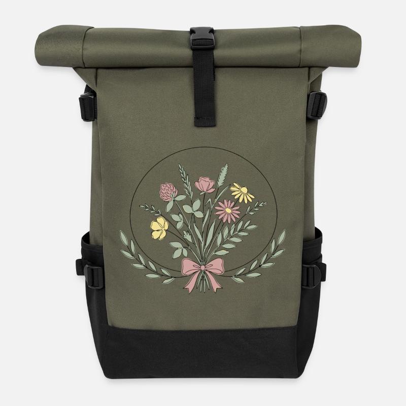 Boho Blumen Blumen Linienzeichnung - Rolltop Rucksack - Olive/Schwarz