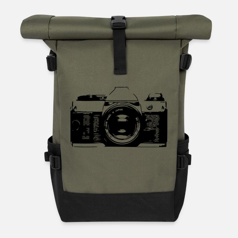 Retro Kamera - Rolltop Rucksack - Olive/Schwarz