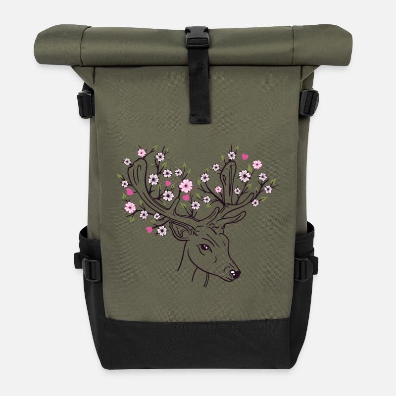 Deer Antlers Deer Flowers Flowers Floral Spring - Roll Top Backpack - olive/black