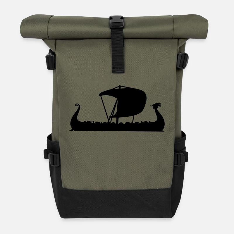 drakkar viking bateau scandinave - Sac à dos roll top - olive/noir