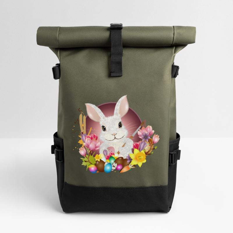 white rabbit with easter eggs as easter bunny Roll Top Backpack