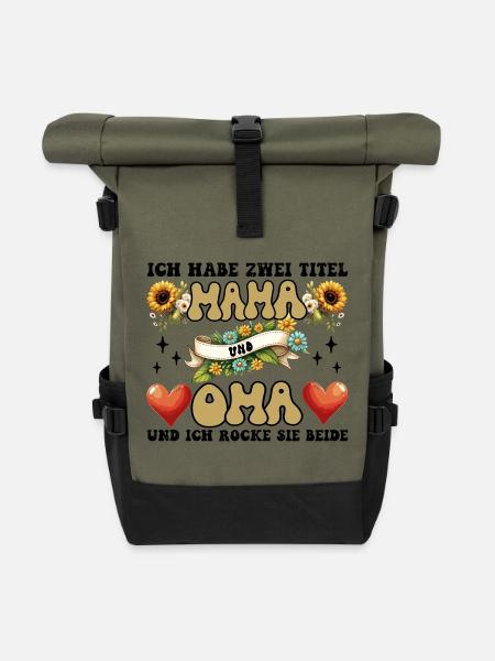 Mama und Oma Blumenherz - Rolltop Rucksack - Olive/Schwarz