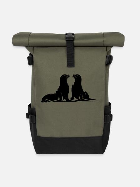 Niedliche Seehunde am Meeresstrand - Rolltop Rucksack - Olive/Schwarz