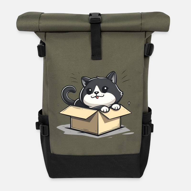 Glückliche Katze sitzt in einem leeren Karton - Rolltop Rucksack - Olive/Schwarz