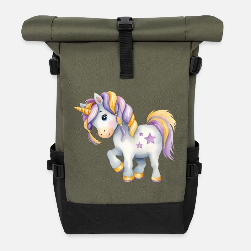🦄 Magical Watercolor Unicorn - Hand-Painted - Roll Top Backpack - olive/black