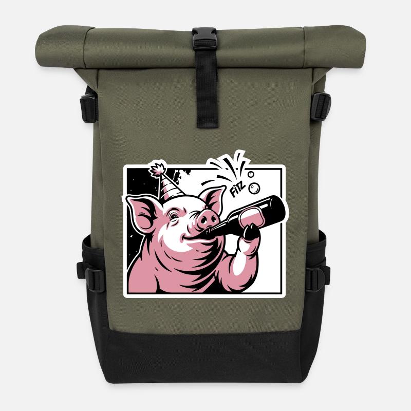 Schweinchen mit Party- und Feierflasche - Rolltop Rucksack - Olive/Schwarz