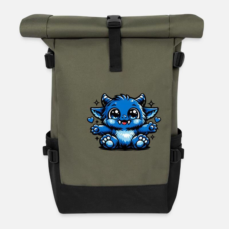 Blauer Kuschel-Drachen Comicstil - Rolltop Rucksack - Olive/Schwarz