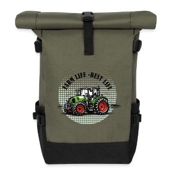 Farm Life – Green and Red Tractor Vintage Style - Roll Top Backpack - olive/black - Front