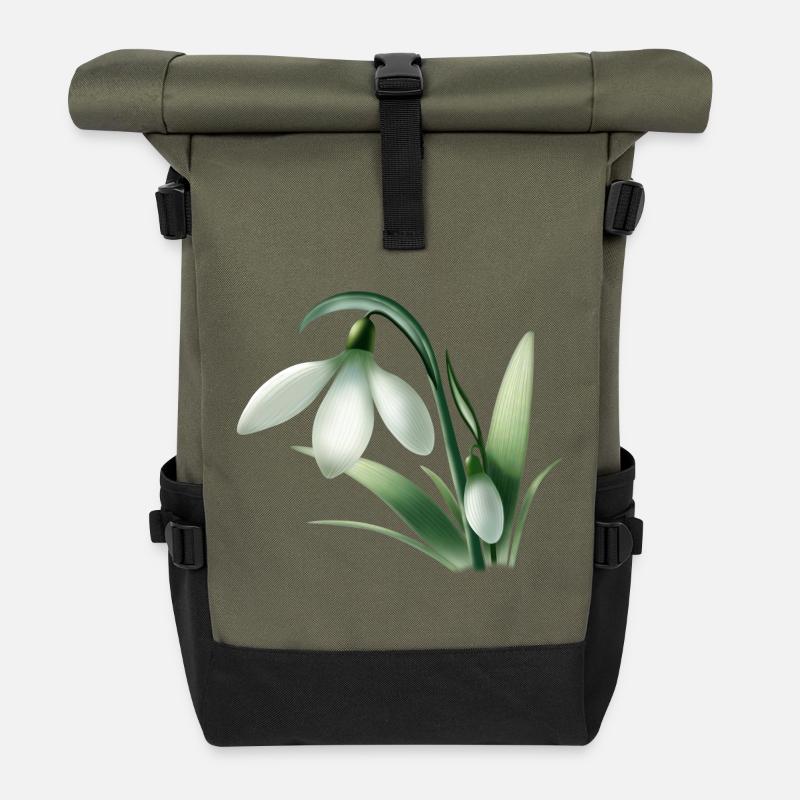 Anémone d’hiver – Graphique de fleur blanche - Sac à dos roll top - olive/noir