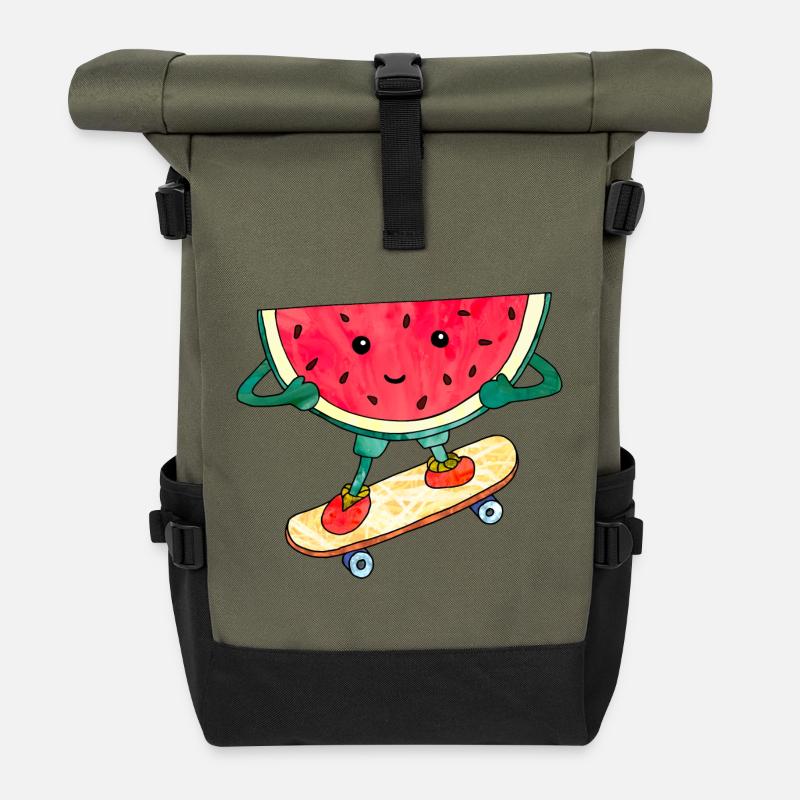 Skater melon skateboard cute cool illustration - Roll Top Backpack - olive/black